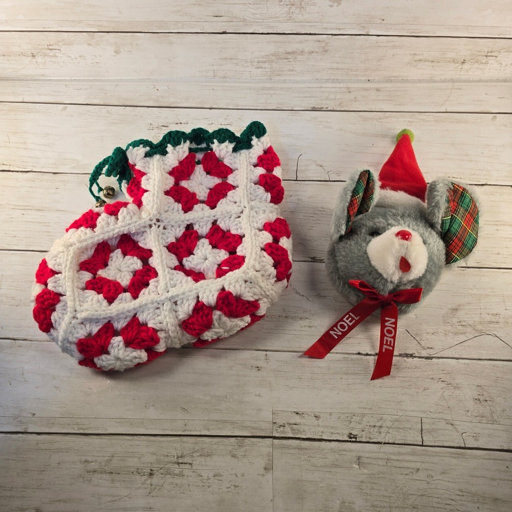Vintage 1988 Giftco Christmas Mouse Plush and Crochet Granny Square Stocking Set